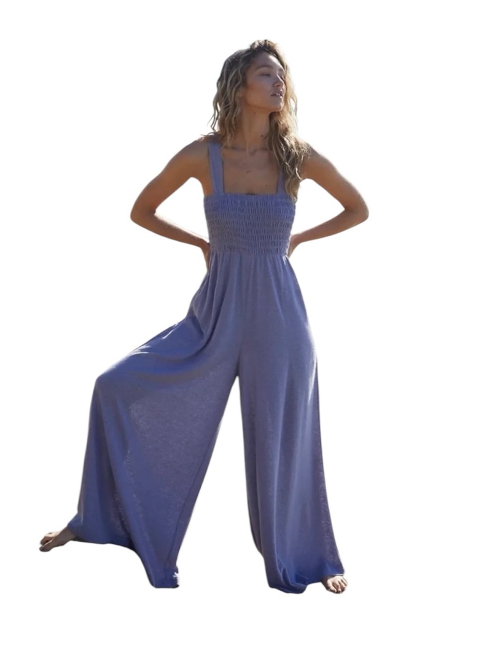 Free People Smocked Square-Neck Wide-Leg Jumpsuit - Lavender